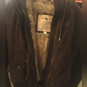 Abercrombie&Fitch brown, hooded bomber jacket with faux fur. Size large.